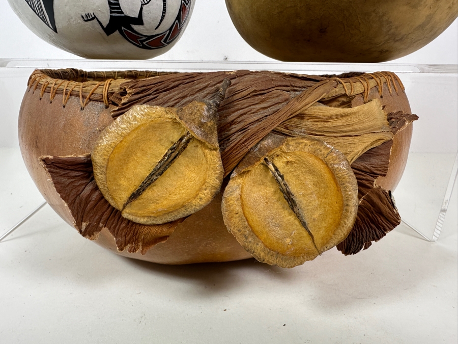 Set Of Three Art Gourds - Largest Gourd Basket Is 10W And Signed Judy Dennis 1997 [Photo 3]