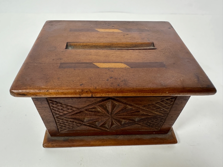 Just Added - Antique Wood Inlaid Cigarette Dispenser Box 5W X 4D X 3H [Photo 2]
