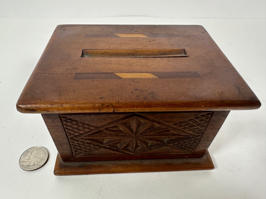 Just Added - Antique Wood Inlaid Cigarette Dispenser Box 5W X 4D X 3H [Photo 3]
