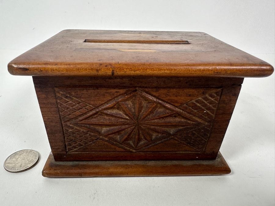 Just Added - Antique Wood Inlaid Cigarette Dispenser Box 5W X 4D X 3H [Photo 4]
