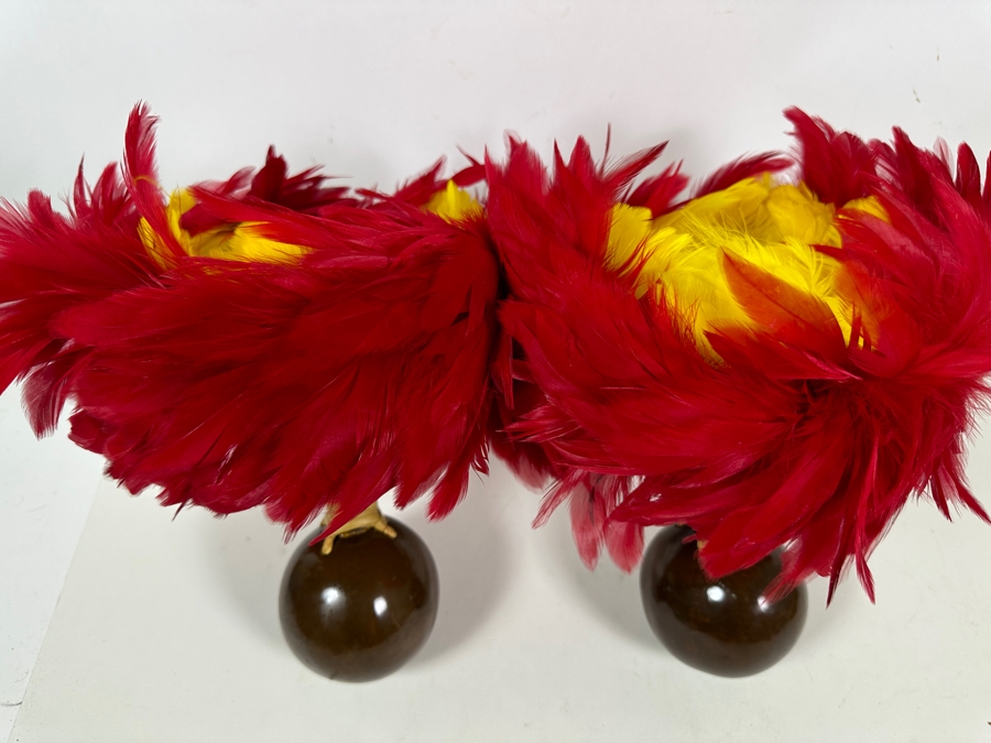 Vintage Hawaiian Red And Yellow Feathered Rattles Uli Uli [Photo 2]