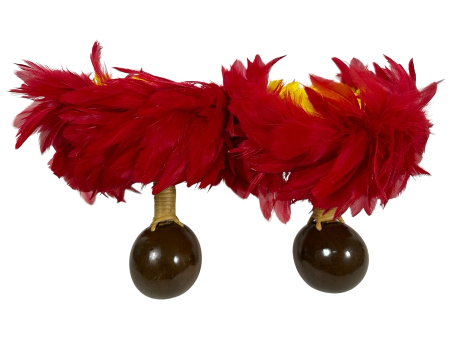 Vintage Hawaiian Red And Yellow Feathered Rattles Uli Uli [Photo 1]