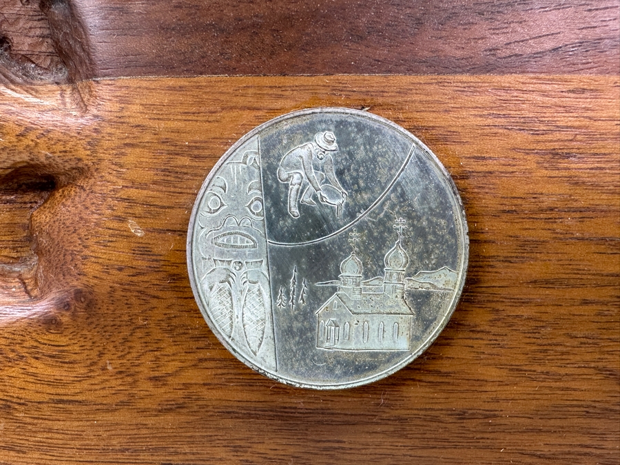 US Navy Plaque Inscribed 'CDR Jefferson R. Dennis, USN - Commanding Officer - USS Monticello - Alaska Bicentennial Commission July 1976' With A 1974 Alaska Gold Mining Native American Franklin Mint 1oz .925 Silver Round 12.75W X 11.5H [Photo 2]