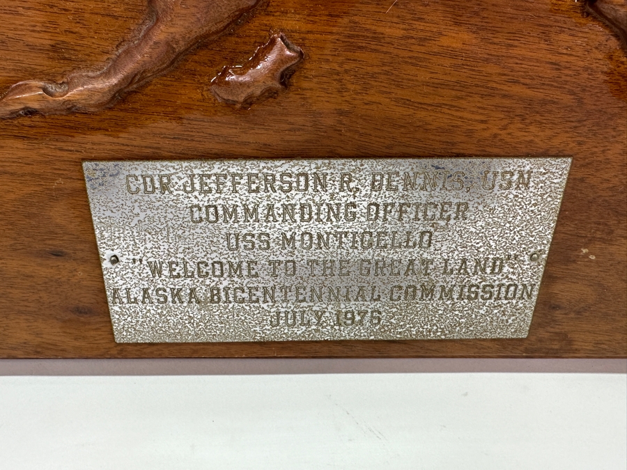 US Navy Plaque Inscribed 'CDR Jefferson R. Dennis, USN - Commanding Officer - USS Monticello - Alaska Bicentennial Commission July 1976' With A 1974 Alaska Gold Mining Native American Franklin Mint 1oz .925 Silver Round 12.75W X 11.5H [Photo 3]