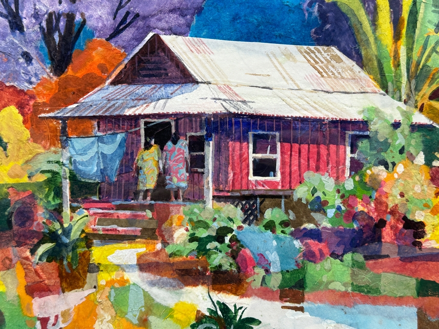 Gerald F. Brommer (B. 1927, California/Hawaii) Original Mixed-Media Collage, Watercolor, Gouache Painting Titled 'Maui Cottage In Lahaina Area' Dated 1999 11 X 15 Professionally Framed 24 X 20.5 [Photo 4]