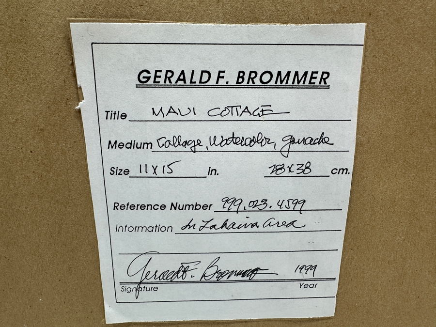 Gerald F. Brommer (B. 1927, California/Hawaii) Original Mixed-Media Collage, Watercolor, Gouache Painting Titled 'Maui Cottage In Lahaina Area' Dated 1999 11 X 15 Professionally Framed 24 X 20.5 [Photo 15]