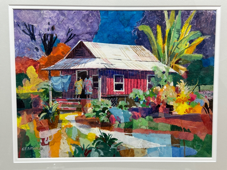 Gerald F. Brommer (B. 1927, California/Hawaii) Original Mixed-Media Collage, Watercolor, Gouache Painting Titled 'Maui Cottage In Lahaina Area' Dated 1999 11 X 15 Professionally Framed 24 X 20.5 [Photo 1]
