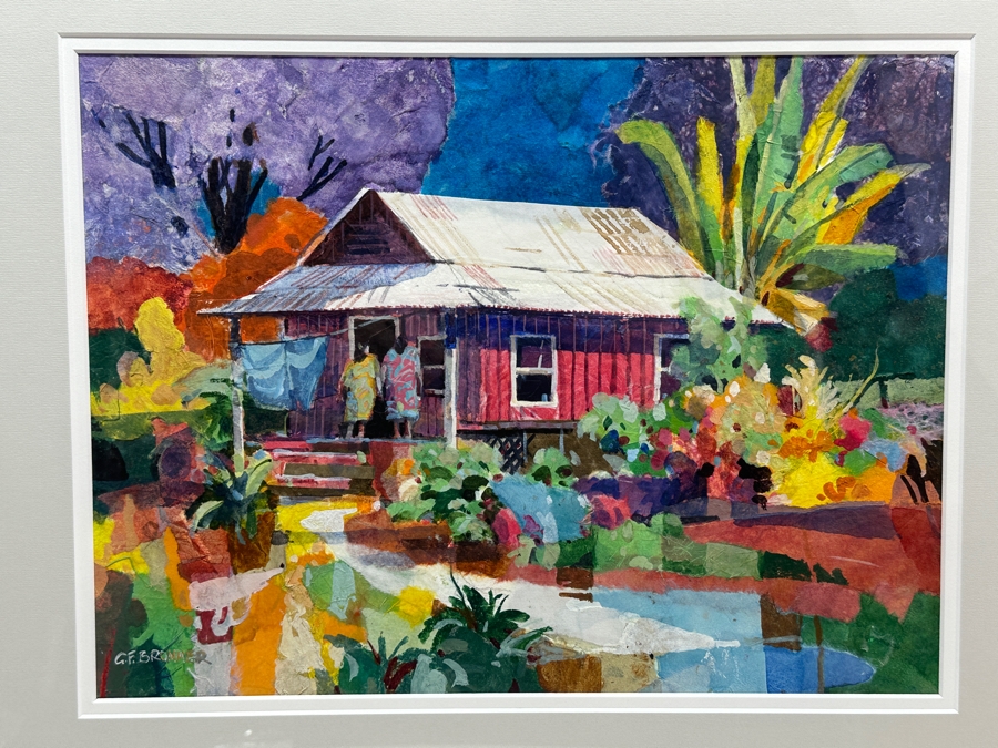 Gerald F. Brommer (B. 1927, California/Hawaii) Original Mixed-Media Collage, Watercolor, Gouache Painting Titled 'Maui Cottage In Lahaina Area' Dated 1999 11 X 15 Professionally Framed 24 X 20.5 [Photo 3]