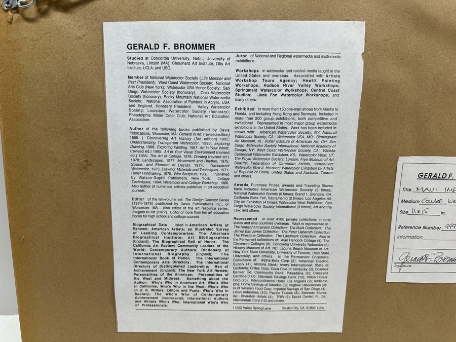 Gerald F. Brommer (B. 1927, California/Hawaii) Original Mixed-Media Collage, Watercolor, Gouache Painting Titled 'Maui Impression' Dated 1999 11 X 15 Professionally Framed 24 X 20.5 [Photo 12]