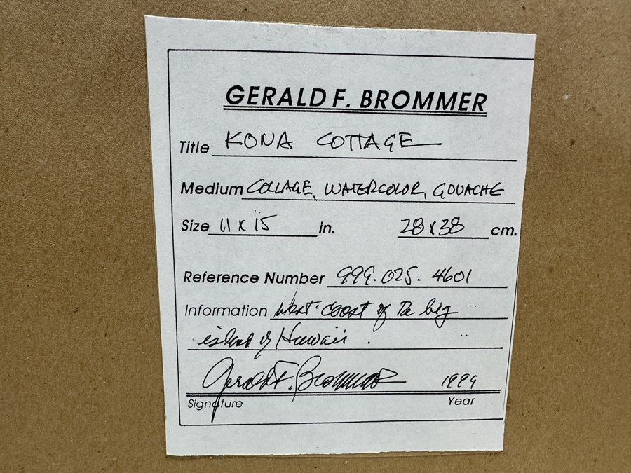 Gerald F. Brommer (B. 1927, California/Hawaii) Original Mixed-Media Collage, Watercolor, Gouache Painting Titled 'Kona Cottage On West Coast Of Da Big Island Of Hawaii' Dated 1999 11 X 15 Professionally Framed 24 X 20.5 [Photo 9]
