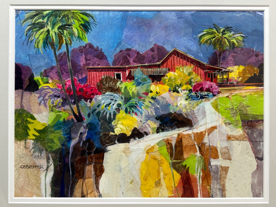 Gerald F. Brommer (B. 1927, California/Hawaii) Original Mixed-Media Collage, Watercolor, Gouache Painting Titled 'Kona Cottage On West Coast Of Da Big Island Of Hawaii' Dated 1999 11 X 15 Professionally Framed 24 X 20.5 [Photo 1]
