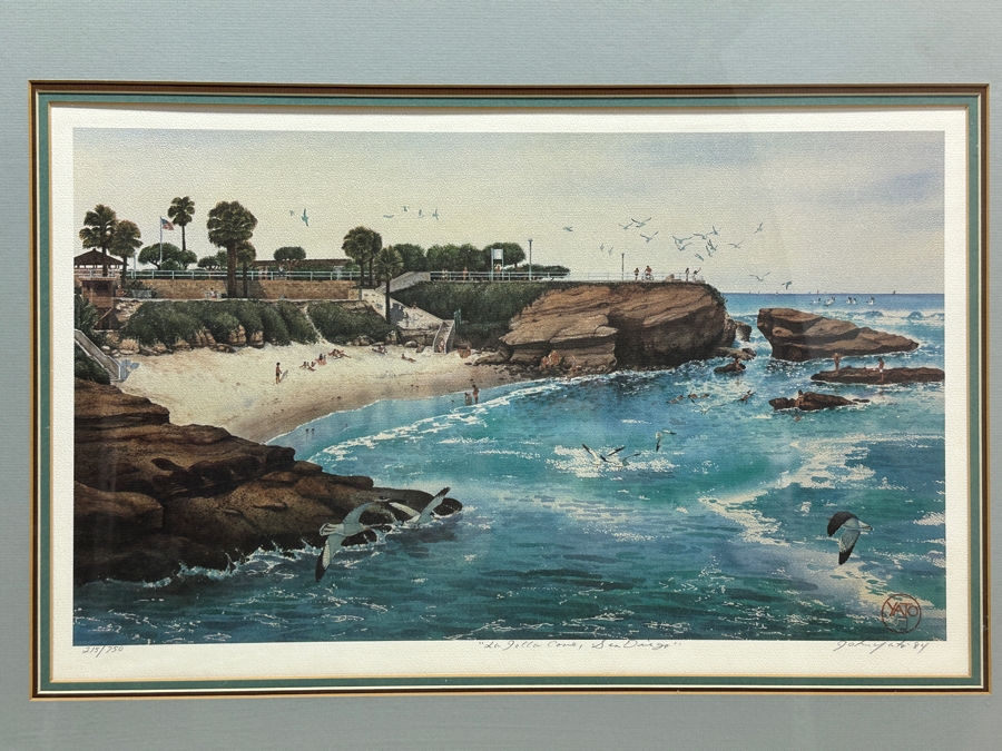 John Yato Hand Signed Limited Edition Print Titled 'La Jolla Cove, San Diego' Dated 1984 Numbered 215 Of 750 20 X 13 Framed 27.5 X 20.5