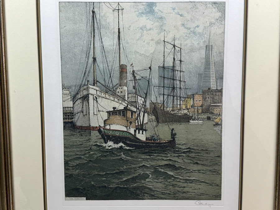 Josef Eidenberger (1899-1991, Austria) Hand Signed Color Etching Titled 'San Francisco Waterfront #199' 13 X 16.5 Framed 24 X 28 [Photo 1]