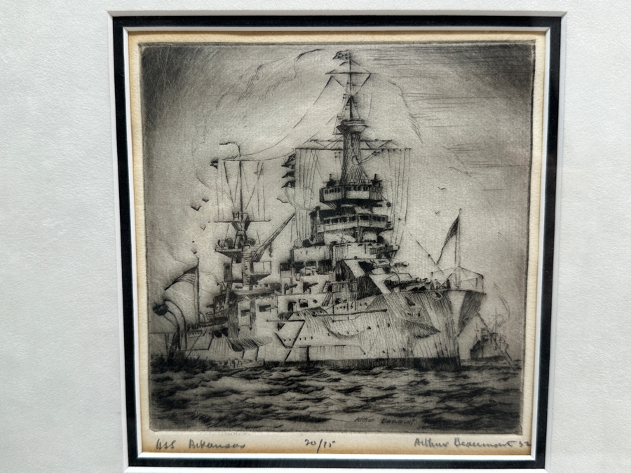 Arthur Beaumont (1890-1978, American) Hand Signed Etching Titled 'USS Arkansas' Dated 1932 Numbered 20 Of 75 - Arthur Was A Freelance Artist For The US Navy 6 X 6 Framed 12 X 12 [Photo 1]