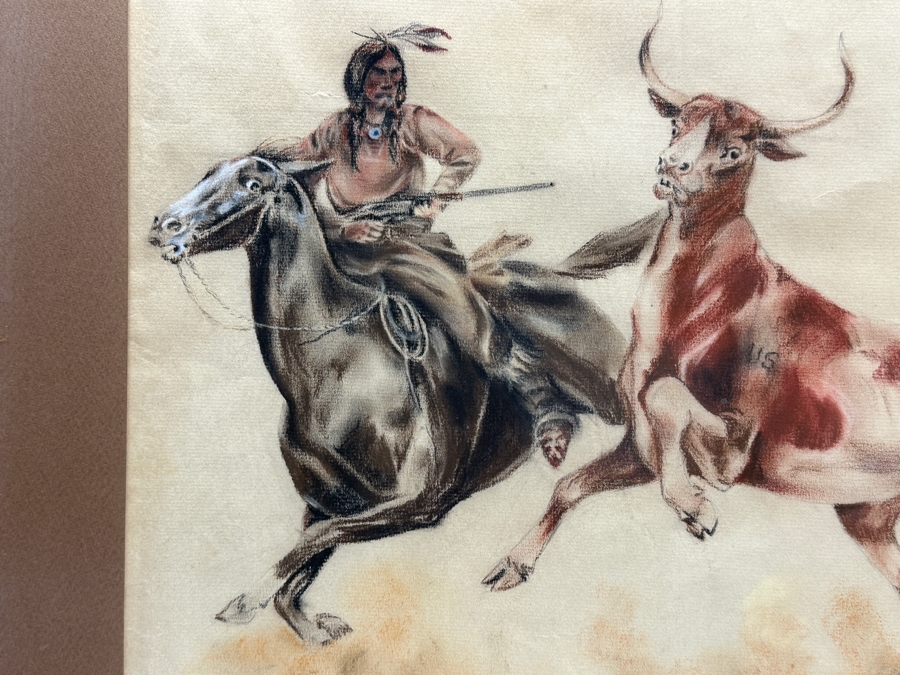 Original Unsigned Pastel Drawing On Paper Of Native Americans Rounding Up A Steer Labeled U.S. - Artist Unknown 23.5 X 16 Framed 29.5 X 22.5 [Photo 8]