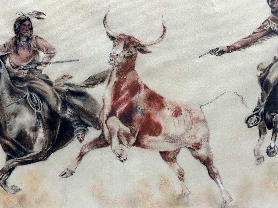 Original Unsigned Pastel Drawing On Paper Of Native Americans Rounding Up A Steer Labeled U.S. - Artist Unknown 23.5 X 16 Framed 29.5 X 22.5 [Photo 3]