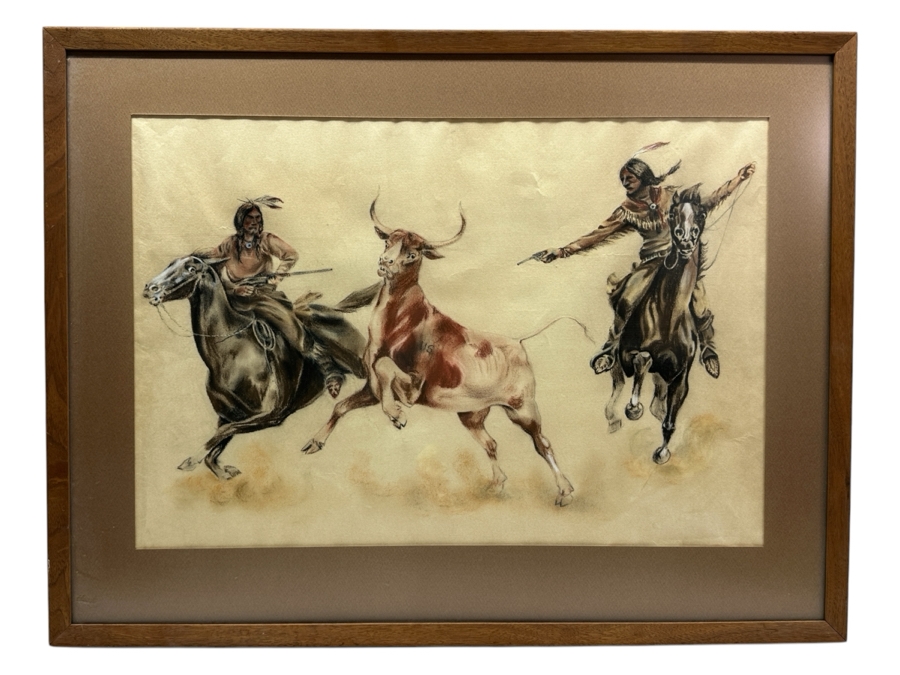 Original Unsigned Pastel Drawing On Paper Of Native Americans Rounding Up A Steer Labeled U.S. - Artist Unknown 23.5 X 16 Framed 29.5 X 22.5 [Photo 2]