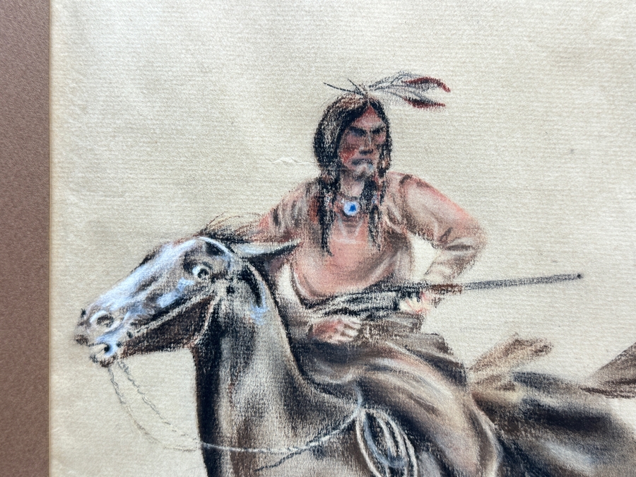 Original Unsigned Pastel Drawing On Paper Of Native Americans Rounding Up A Steer Labeled U.S. - Artist Unknown 23.5 X 16 Framed 29.5 X 22.5 [Photo 7]
