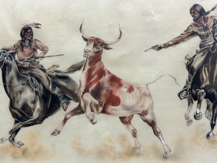 Original Unsigned Pastel Drawing On Paper Of Native Americans Rounding Up A Steer Labeled U.S. - Artist Unknown 23.5 X 16 Framed 29.5 X 22.5 [Photo 9]