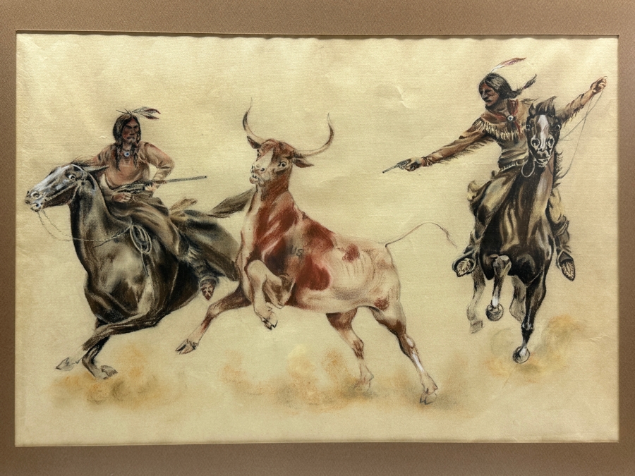 Original Unsigned Pastel Drawing On Paper Of Native Americans Rounding Up A Steer Labeled U.S. - Artist Unknown 23.5 X 16 Framed 29.5 X 22.5 [Photo 1]