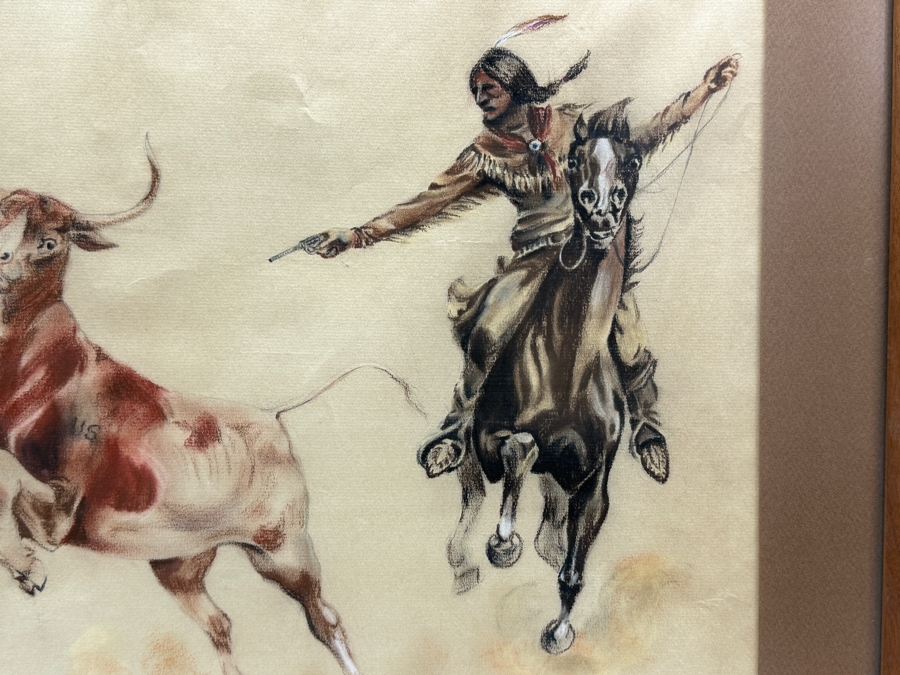Original Unsigned Pastel Drawing On Paper Of Native Americans Rounding Up A Steer Labeled U.S. - Artist Unknown 23.5 X 16 Framed 29.5 X 22.5 [Photo 5]