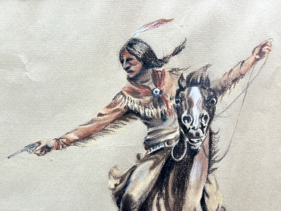 Original Unsigned Pastel Drawing On Paper Of Native Americans Rounding Up A Steer Labeled U.S. - Artist Unknown 23.5 X 16 Framed 29.5 X 22.5 [Photo 6]