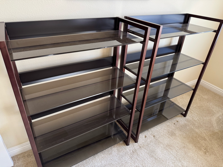 JUST ADDED LAST MINUTE - Pair Of Metal And Glass Bookcases Bookshelves [Photo 5]