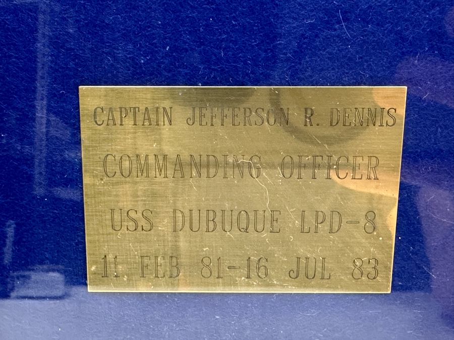 7-Star US Navy Decommissioning Pennant Displayed In A Shadowbox Frame With Brass Plaque Reading 'Captain Jefferson R. Dennis: Commanding Officer USS Dubuque LPD-8 11 Feb 1981 - 16 Jul 1983' 14.5 X 12 [Photo 2]