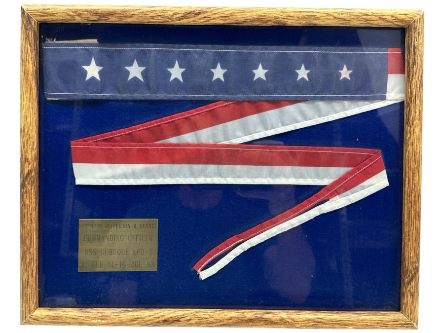 7-Star US Navy Decommissioning Pennant Displayed In A Shadowbox Frame With Brass Plaque Reading 'Captain Jefferson R. Dennis: Commanding Officer USS Dubuque LPD-8 11 Feb 1981 - 16 Jul 1983' 14.5 X 12