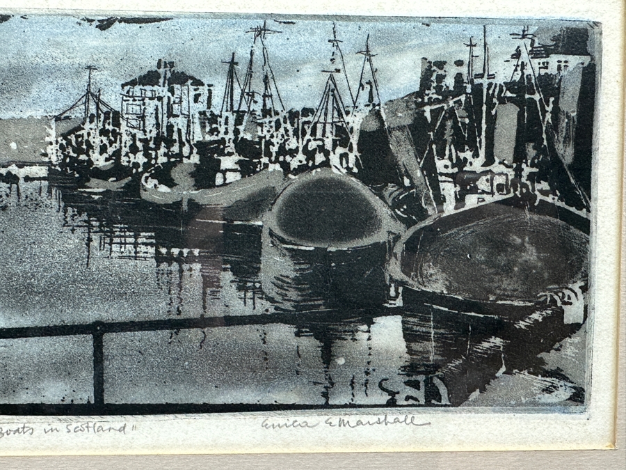 Erica E. Marshall Color Etching Titled 'Fishing Boats In Scotland' Artist Signed Numbered 16 Of 35 5.5 X 7 Framed 11 X 13 [Photo 3]