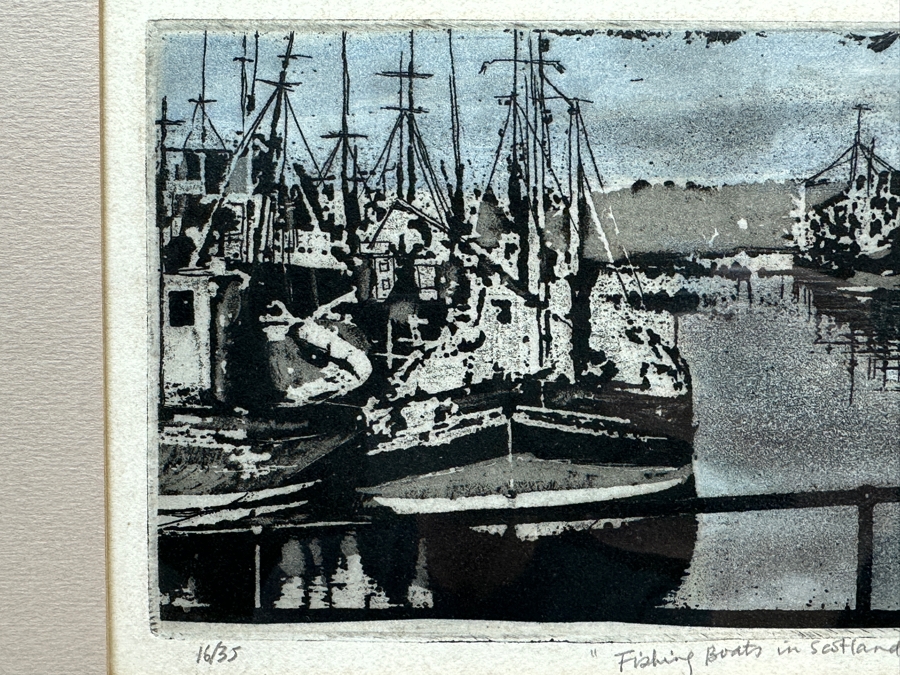 Erica E. Marshall Color Etching Titled 'Fishing Boats In Scotland' Artist Signed Numbered 16 Of 35 5.5 X 7 Framed 11 X 13 [Photo 5]