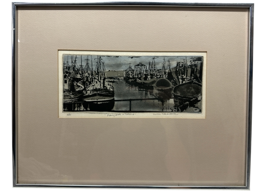 Erica E. Marshall Color Etching Titled 'Fishing Boats In Scotland' Artist Signed Numbered 16 Of 35 5.5 X 7 Framed 11 X 13