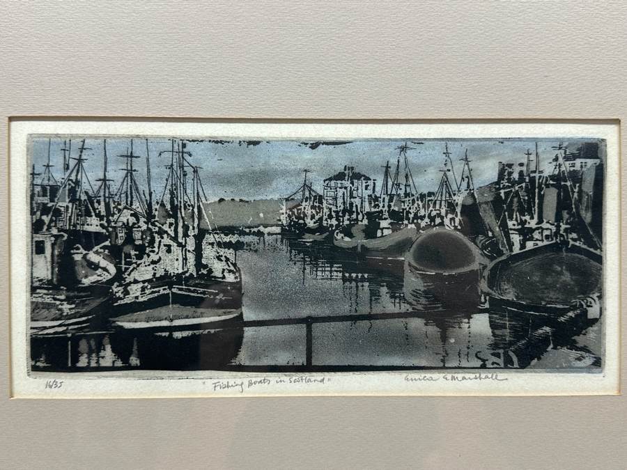 Erica E. Marshall Color Etching Titled 'Fishing Boats In Scotland' Artist Signed Numbered 16 Of 35 5.5 X 7 Framed 11 X 13 [Photo 2]