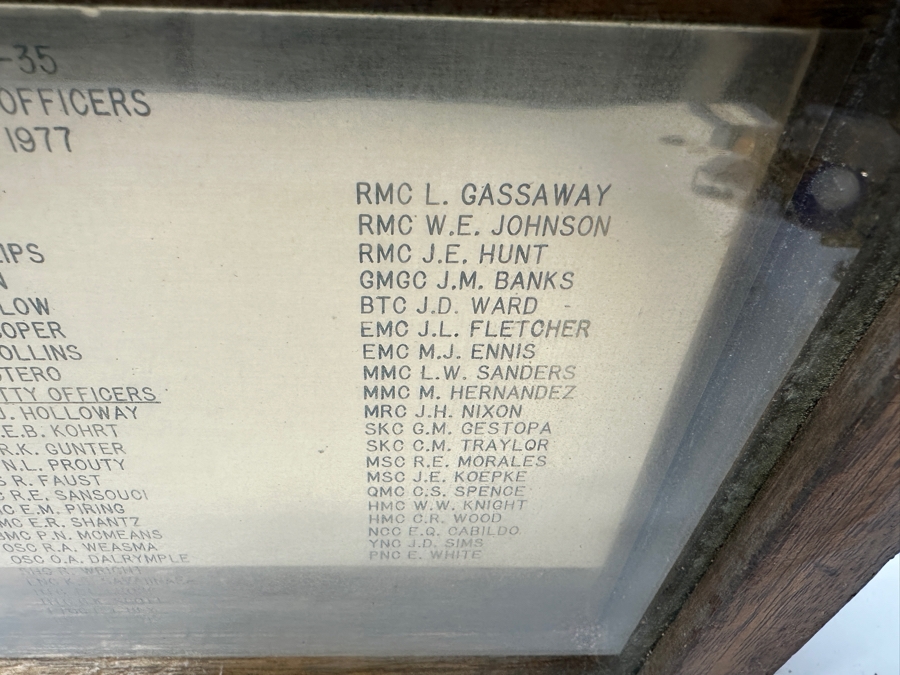 7-Star US Navy Decommissioning Pennant Displayed In A Shadowbox Frame With Brass USS Monticello LSD-35 Ship's Plaque Presented To CDR J. R. Dennis 11 Aug 1975 - 10 Jun 1977 30 X 21 [Photo 10]