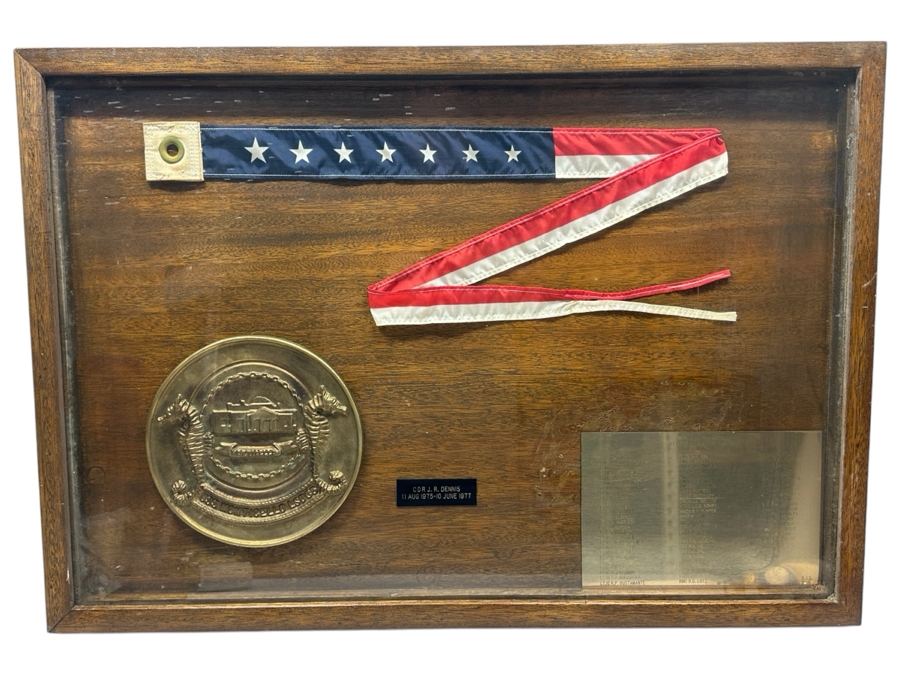 7-Star US Navy Decommissioning Pennant Displayed In A Shadowbox Frame With Brass USS Monticello LSD-35 Ship's Plaque Presented To CDR J. R. Dennis 11 Aug 1975 - 10 Jun 1977 30 X 21
