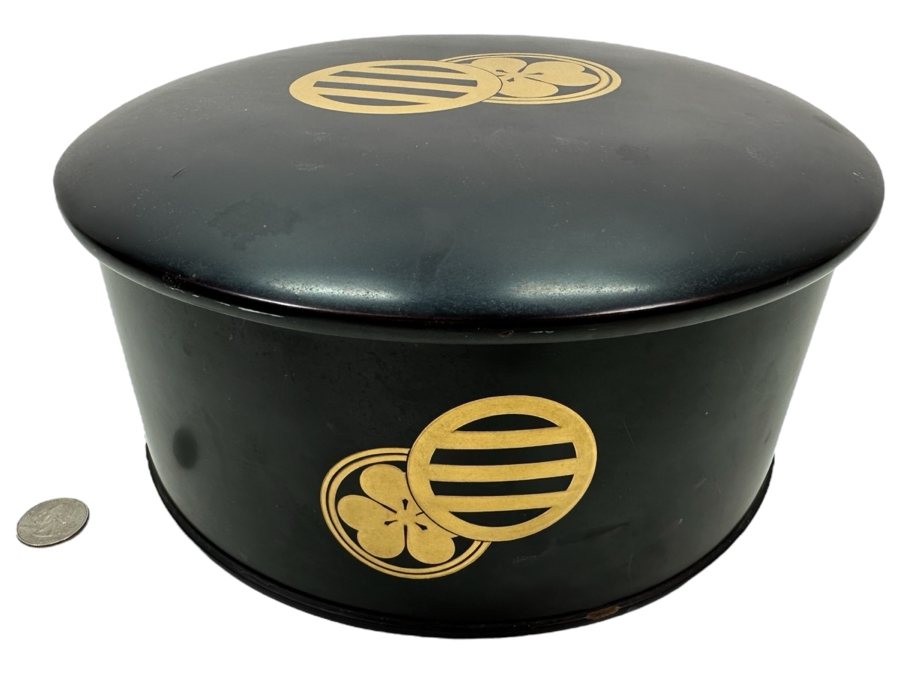 Large Vintage Japanese Lacquer Wooden Round Box 10.5W X 4.5H