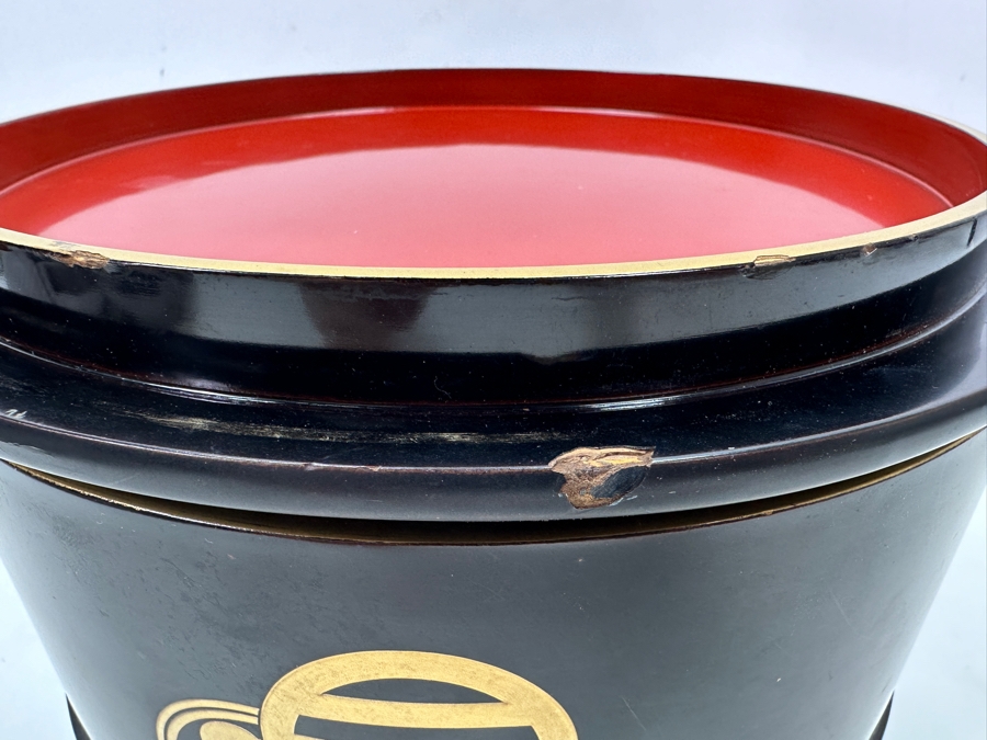 Large Vintage Japanese Lacquer Wooden Round Box 10.5W X 4.5H [Photo 6]