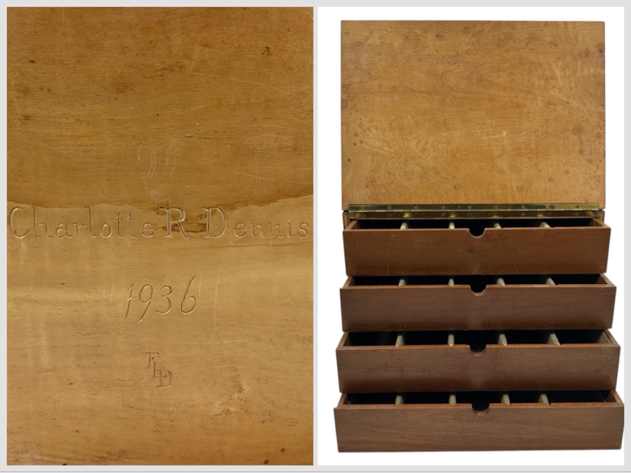 Vintage 1936 Handmade Wooden Jewelry Box Storage Chest Signed By Maker FLD 14.5W X 12D X 11H