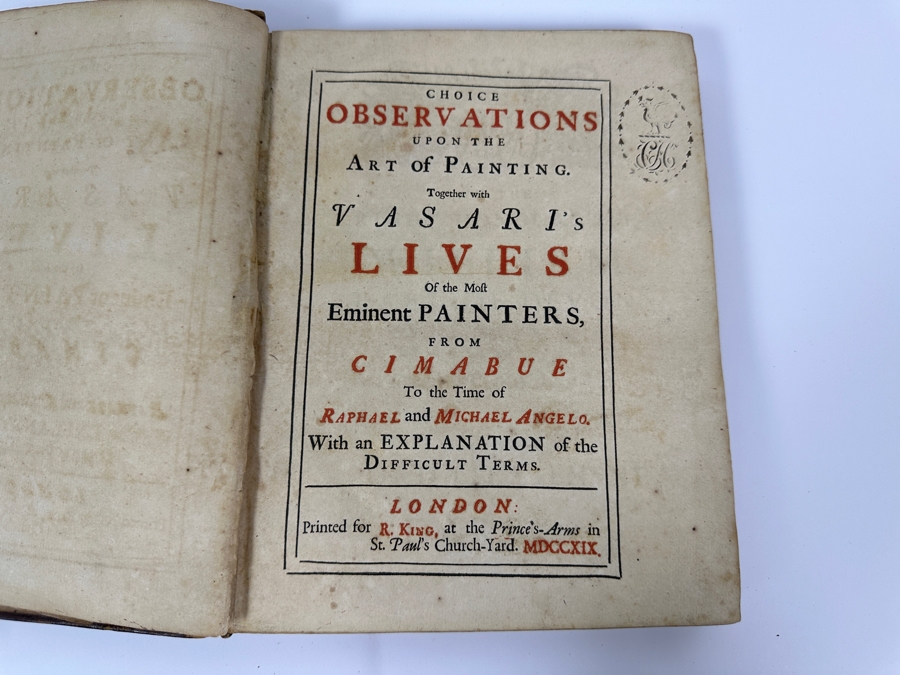 Antique 1719 Hardcover Book Titled Choice Observations Upon The Art Of Painting Featuring Eminent Painters Of Raphael And Michael Angelo Printed In London England For R. King - Binding Needs Repair [Photo 8]