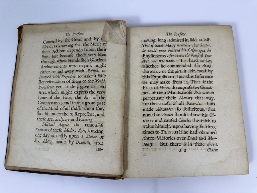 Antique 1719 Hardcover Book Titled Choice Observations Upon The Art Of Painting Featuring Eminent Painters Of Raphael And Michael Angelo Printed In London England For R. King - Binding Needs Repair [Photo 13]