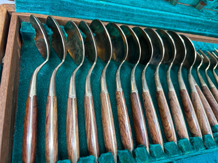 Mid Century Cased Jewels by Charles Bronze Flatware Set with Rosewood Handles, Bangkok Thailand [Photo 8]