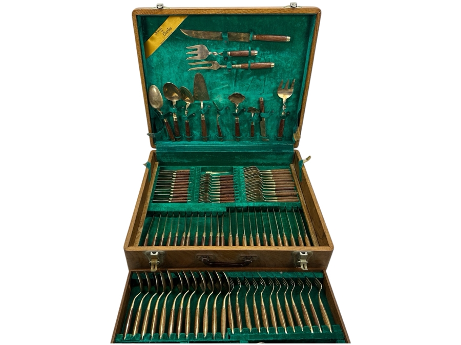 Mid Century Cased Jewels by Charles Bronze Flatware Set with Rosewood Handles, Bangkok Thailand
