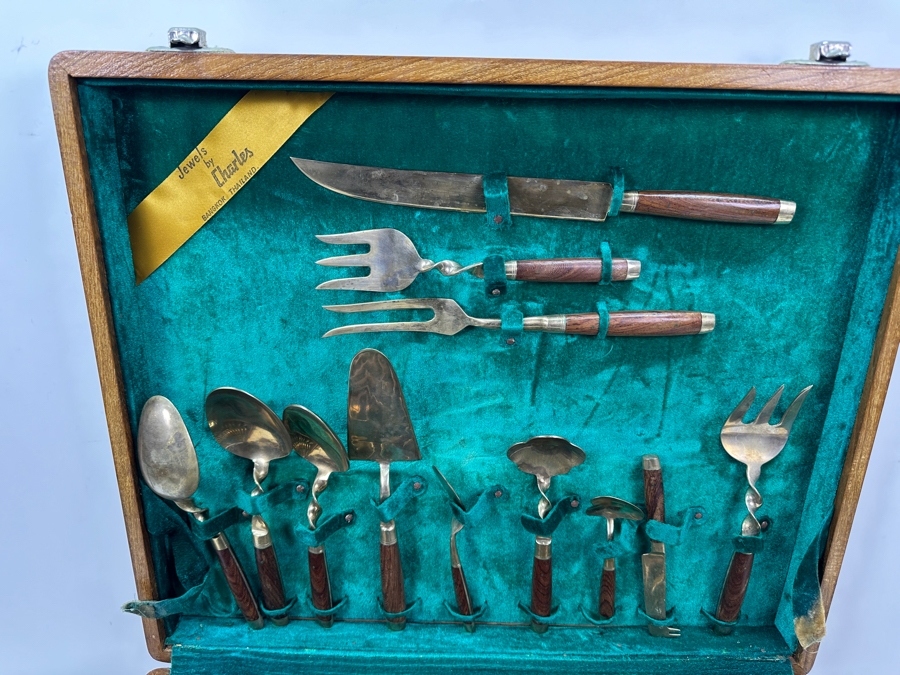 Mid Century Cased Jewels by Charles Bronze Flatware Set with Rosewood Handles, Bangkok Thailand [Photo 3]
