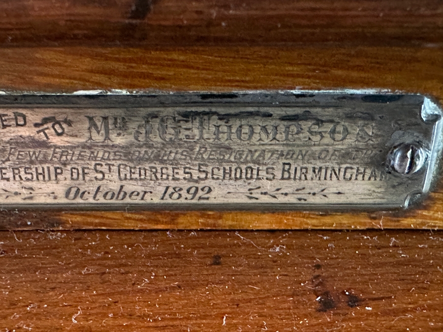 Antique 1892 Rolltop Desk With Engraved Plaque 'Presented To MD J. G. Thompson On His Resignation Of The Head Mastership Of St. George's Schools Birmingham England October 1892' 54W X 26D X 44H [Photo 11]