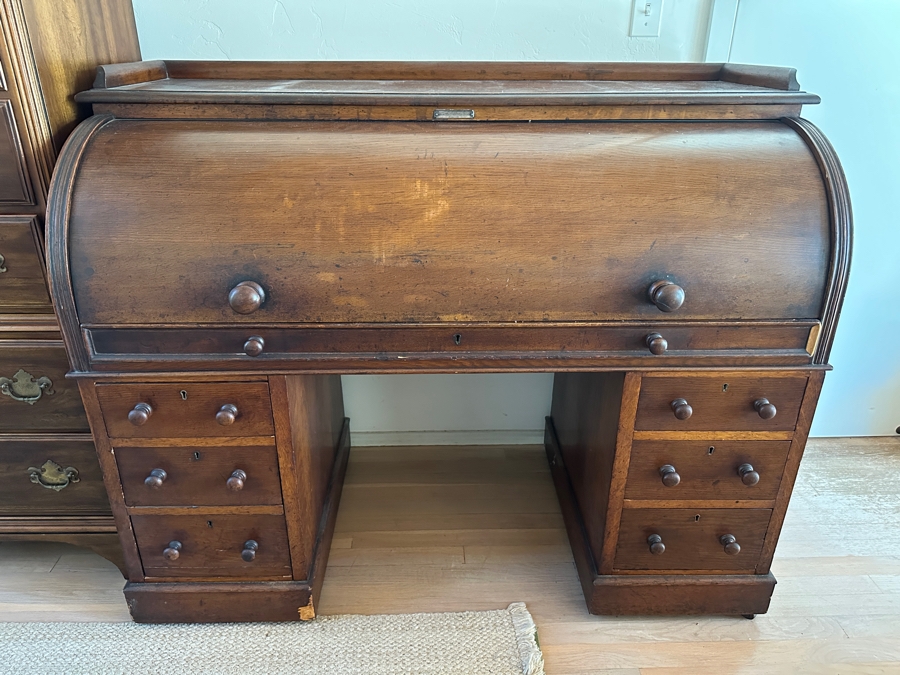 Antique 1892 Rolltop Desk With Engraved Plaque 'Presented To MD J. G. Thompson On His Resignation Of The Head Mastership Of St. George's Schools Birmingham England October 1892' 54W X 26D X 44H [Photo 14]