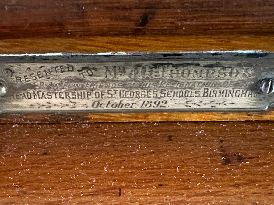Antique 1892 Rolltop Desk With Engraved Plaque 'Presented To MD J. G. Thompson On His Resignation Of The Head Mastership Of St. George's Schools Birmingham England October 1892' 54W X 26D X 44H [Photo 13]
