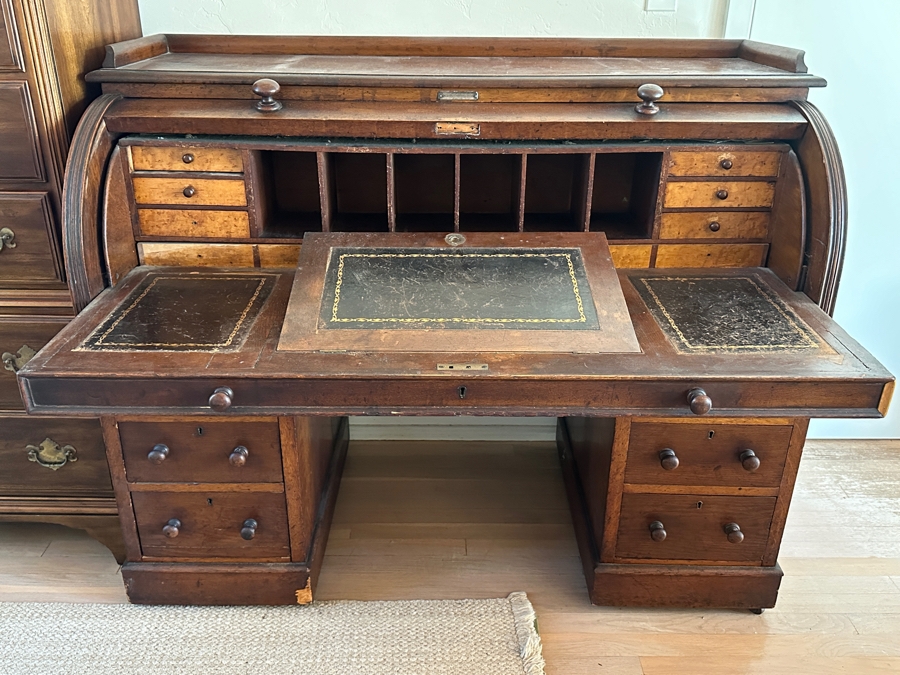 Antique 1892 Rolltop Desk With Engraved Plaque 'Presented To MD J. G. Thompson On His Resignation Of The Head Mastership Of St. George's Schools Birmingham England October 1892' 54W X 26D X 44H [Photo 4]