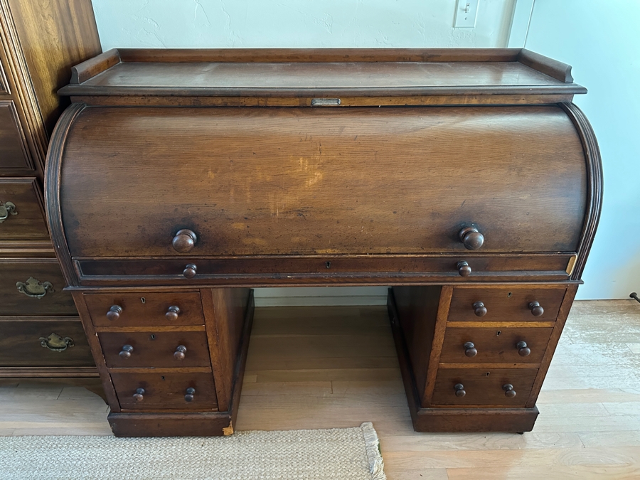 Antique 1892 Rolltop Desk With Engraved Plaque 'Presented To MD J. G. Thompson On His Resignation Of The Head Mastership Of St. George's Schools Birmingham England October 1892' 54W X 26D X 44H [Photo 16]