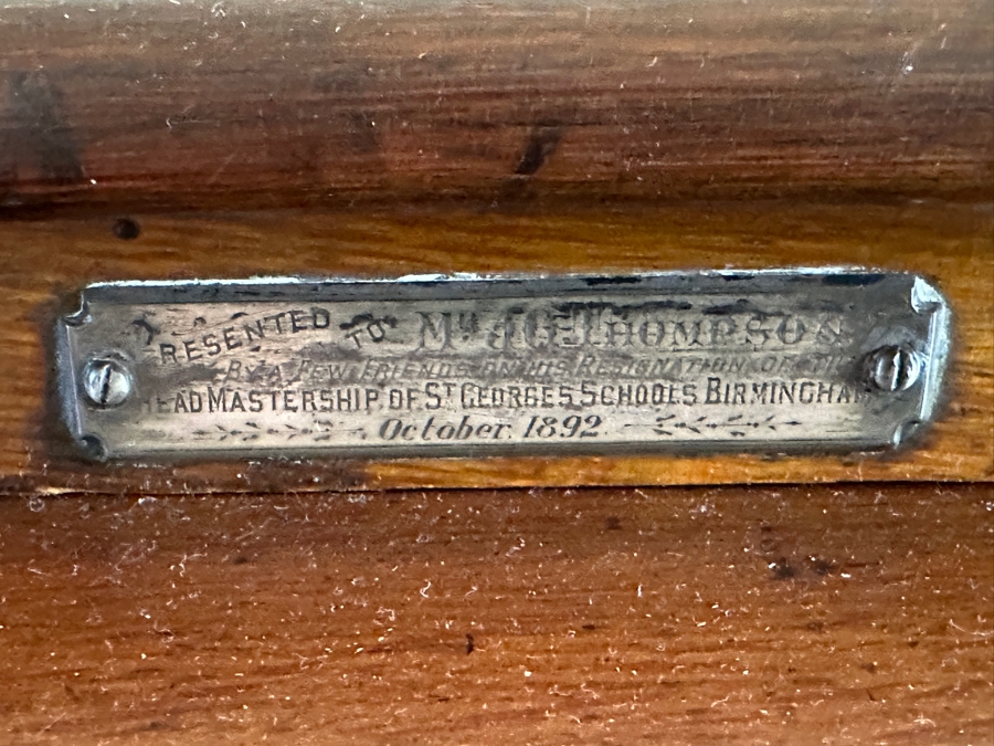 Antique 1892 Rolltop Desk With Engraved Plaque 'Presented To MD J. G. Thompson On His Resignation Of The Head Mastership Of St. George's Schools Birmingham England October 1892' 54W X 26D X 44H [Photo 10]