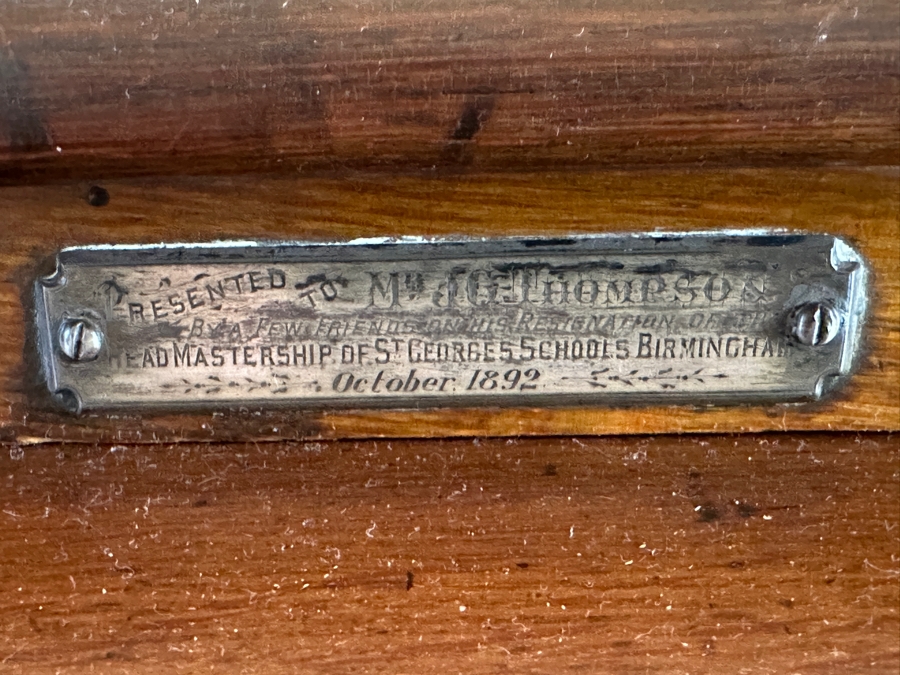 Antique 1892 Rolltop Desk With Engraved Plaque 'Presented To MD J. G. Thompson On His Resignation Of The Head Mastership Of St. George's Schools Birmingham England October 1892' 54W X 26D X 44H [Photo 9]